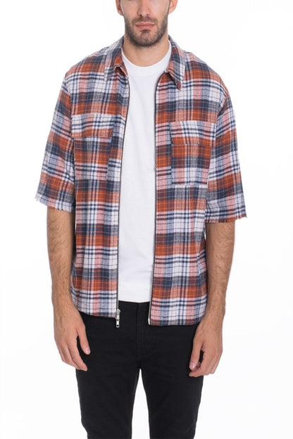 Mens Zip Up Flannel Short Sleeve Shirt S115